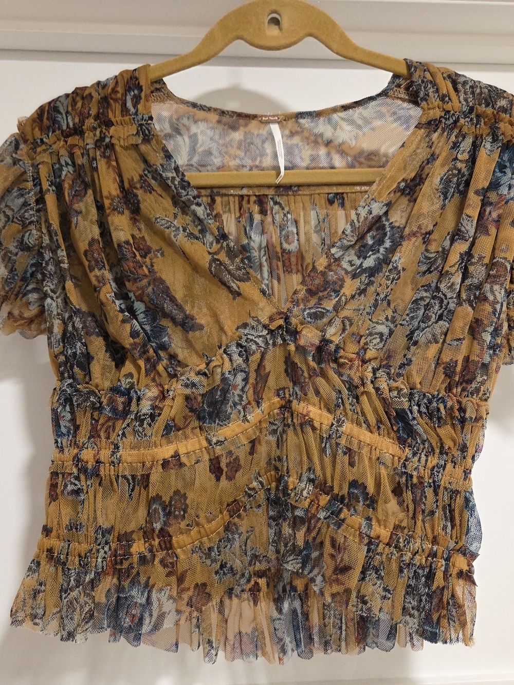 Free People Making Me Smile Floral Mesh Crop Top - Mustard Yellow Size Medium